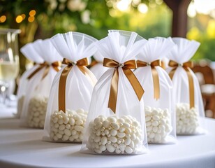 Petits sachets en tulle joliment décorés avec rubans et perles, contenant des dragées dans une ambiance festive. . Generated image