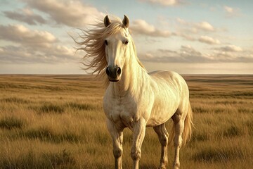 Majestic white horse stands proudly in a golden field, its mane flowing in the wind, as the sun sets, casting a warm glow over the serene landscape