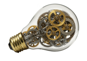 3d Render Light Bulb with Golden Gears Isolated Transparent Background