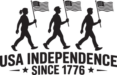 Three Silhouettes Walking Carrying American Flags U S A Independence Since1776 vector
