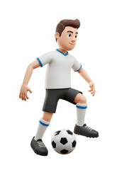 3d Render of Soccer Player Cartoon Kicking Football with Transparent BG