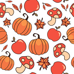 Colorful fall pattern featuring pumpkins, apples, mushrooms, and autumn leaves on a white background