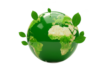 3D Render of Green Earth Globe with Leafs Isolated Transparent Background