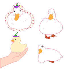 Adorable cute funny Cartoon Ducks set with Flowers ,Hand Holding Duckling Cute Illustration