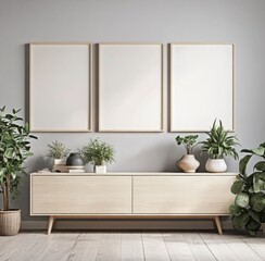 Minimalist Living Room Interior with Light Wood Cabinet, Three Blank Frames, and Greenery