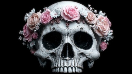 Obraz premium Studio environment featuring mixed media abstract floral art that incorporates a skull motif from a conceptual viewpoint