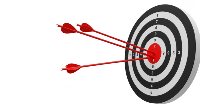 3D Render of Red Arrows Hitting Target Bullseye on Transparent Background