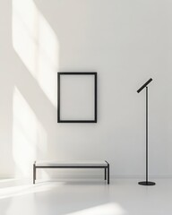 Minimalist White Room Interior Design with Marble Bench and Black Frame