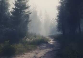Obraz premium Misty Forest Trail A Peaceful Path Through Woods