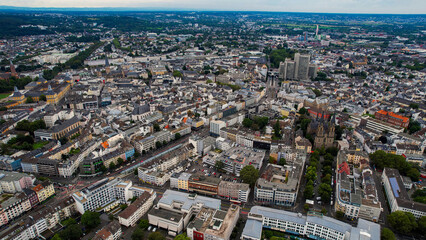 Aerial panorama view above the old town of the city Bonn in Germany on a cloudy noon in spring