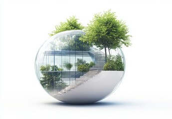 Modern Glass Dome Structure with Interior Staircase and Lush Greenery