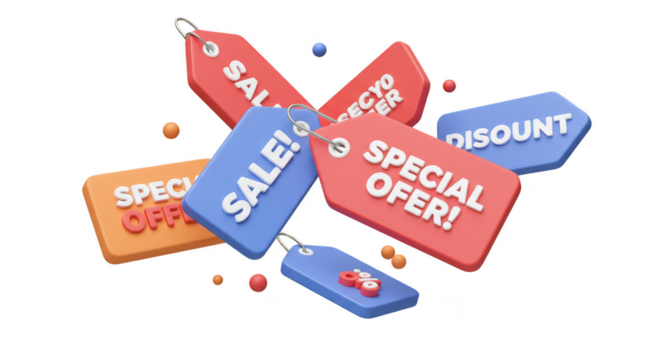 3D Rendered Isolated Sale Discount Special Offers Tags on Transparent Background
