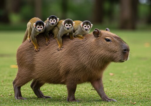 Capybara with squirrel monkeys riding on its back in a grassy park, showcasing unique interspecies friendship and wildlife harmony in nature.