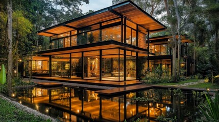 Obraz premium Modern House With Wooden Beams At Night In A Tropical Forest