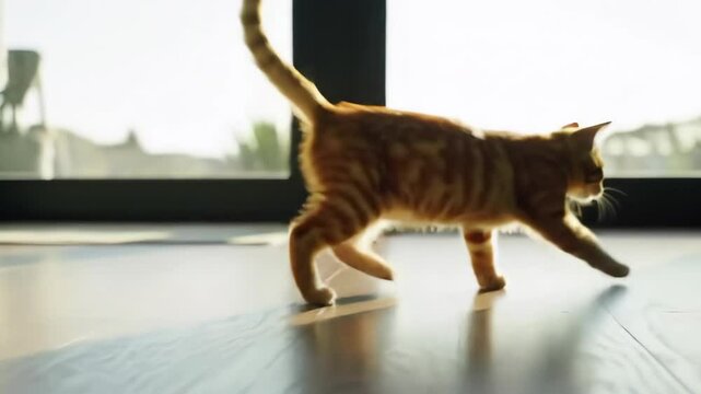 Kitten Walking on Wood Floor Indoors Pet Cat Exploring