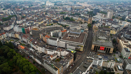 Aerial panorama view above the old town of the city Düsseldorf in Germany on a cloudy noon in spring