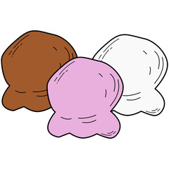 Cartoon-style illustration of three ice cream scoops in chocolate, strawberry, and vanilla flavors. Clean outlines and solid pastel colors make it suitable for food-themed designs