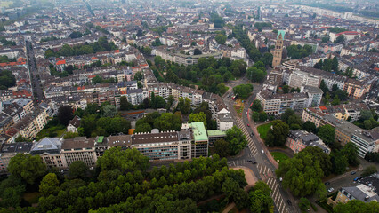 Aerial panorama view above the old town of the city Düsseldorf in Germany on a cloudy noon in spring