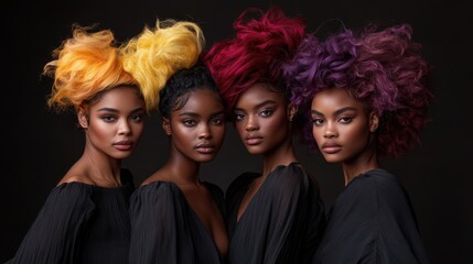 Obraz premium A striking portrait of four women side by side, each showcasing a unique, vibrant hairstyle that expresses individuality and creativity against a dark backdrop.