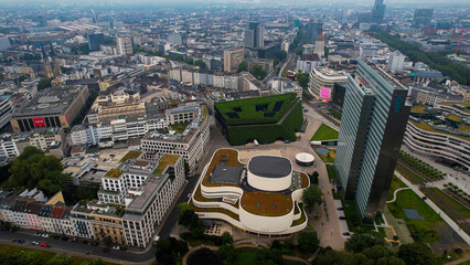 Aerial panorama view above the old town of the city Düsseldorf in Germany on a cloudy noon in spring