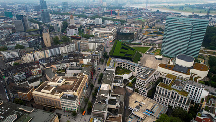 Aerial panorama view above the old town of the city Düsseldorf in Germany on a cloudy noon in spring