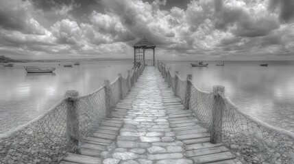 Serene Lakeside Pier: A Monochromatic Escape
