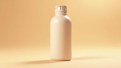 A plain cream colored beverage bottle stands tall against a matching light yellow background, ideal for a product mockup.