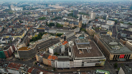 Aerial panorama view above the old town of the city Düsseldorf in Germany on a cloudy noon in spring