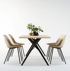 Modern Minimalist Dining Set Beige Chairs and Light Wooden Table with Black Metal Legs
