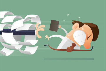 Illustration of office worker fleeing unpaid overtime chase.