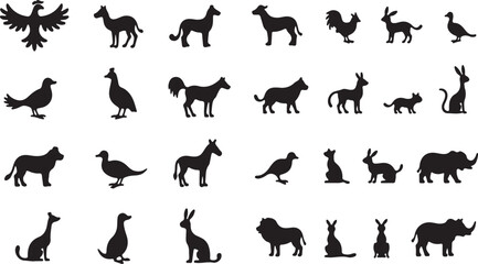 This is a collection of black animal silhouettes, including dogs, horses, deer, cats, wolves, tigers, elephants, and bears, perfect for vector illustrations