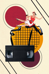Trend artwork template 3D collage sketch of pinup style young man lady dance together event...