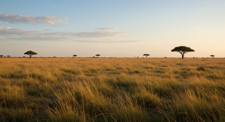 Obraz premium Serene Savannah Golden Grasslands at Sunrise, African Landscape Photography