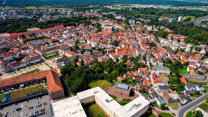 Aerial panorama view above the old town of the city Germersheim in Germany on a sunny noon in spring