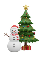 3d Rendering of Christmas Tree Snowman with Presents Transparent BG