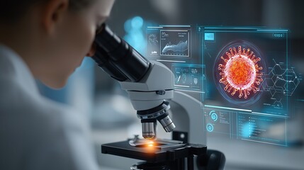 Scientist Analyzing Virus Structure with Microscope and Digital Interface