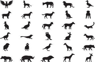 Black vector silhouettes of wild animals running, a collection of nature's icons including horse, dog, cat, tiger, lion, elephant, giraffe, and wolf illustrations