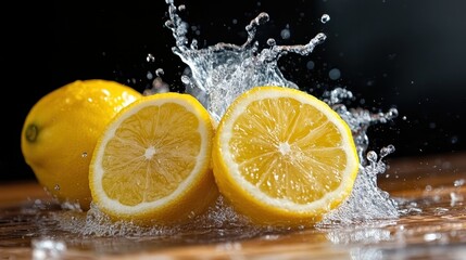 This dynamic image captures freshly cut lemons that burst open as they splash into water, emphasizing their vibrant yellow color and the refreshing essence of citrus fruit.