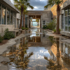an outdoor school in South Florida, concrete corridors with square concrete pillars
