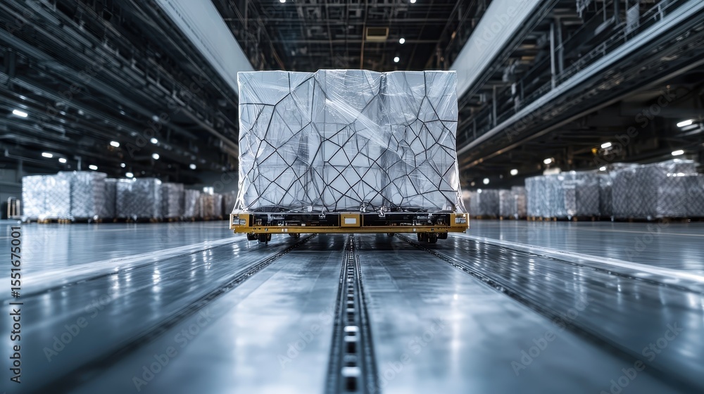 Poster an automated machine transports a wrapped pallet through an expansive, high-tech warehouse environme