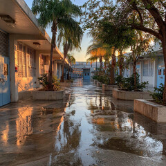 an outdoor school in South Florida, concrete corridors with square concrete pillars