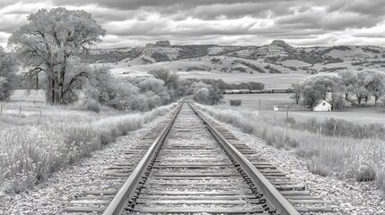 Obraz premium Railroad Tracks Leading to Scenic Badlands