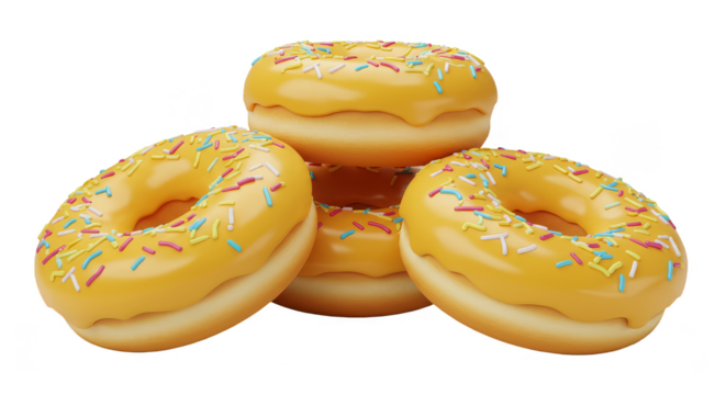 3d Rendering of Stacked Donuts with Yellow Glaze and Sprinkles