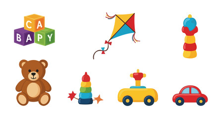Obraz premium Colorful Baby Toys Collection – Flat Vector Icons for Early Childhood