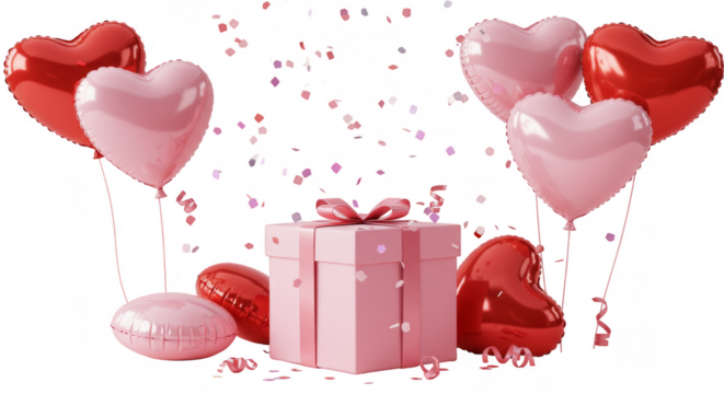 3D Rendering Present with Heart Balloons Celebration on Transparent - Powered by Adobe