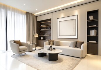 Modern Minimalist Living Room with Beige Sofa and Cream Rug