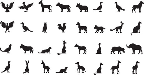 A vector collection of wild and domestic animal silhouettes including running dogs, cats, horses, deer, tigers, wolves, elephants, and bears