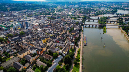 Aerial panorama view above the old town of the city Koblenz in Germany on a sunny noon in spring
