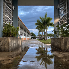an outdoor school in South Florida, concrete corridors with square concrete pillars