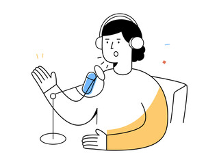 A person with headphones speaks into microphone in modern podcast studio, recording audio content and expressing creativity through digital communication technology